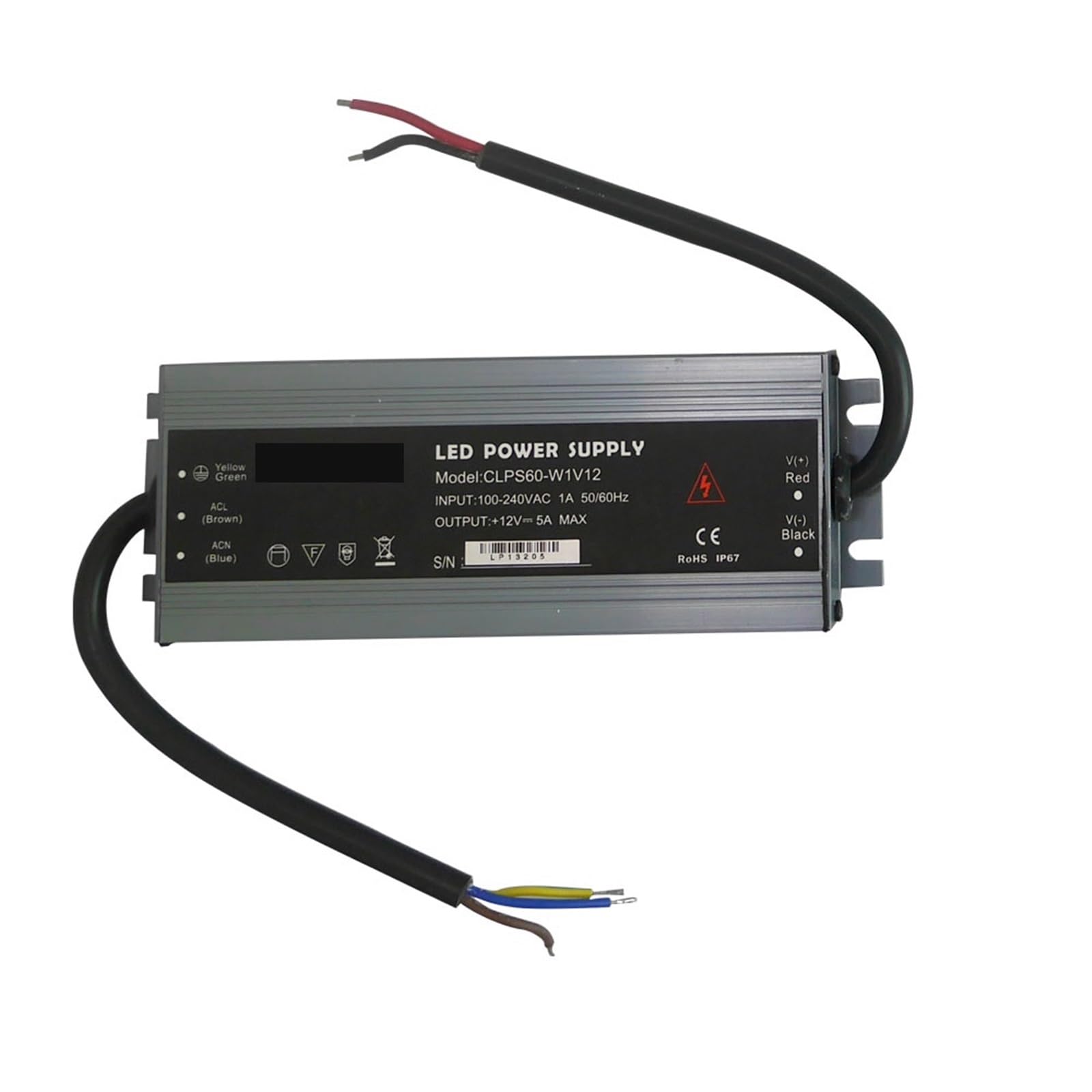 Fuente de alimentación for tira LED impermeable IP67, 45 W/60 W/100 W/120 W/150 W/200 W/250 W/300 W, 175 V~240 V a CC 12 V/24 V.