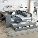 Wood Full Size Daybed with Storage Shelves and Desk, Captain's Bed Sofa Bed Frame with Trundle and 3 Drawers for Office Living Room Bedroom, Space-Saving (Grey-CPT, Full)
