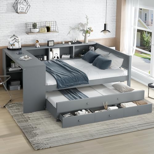 Wood Full Size Daybed with Storage Shelves and Desk, Captain's Bed Sofa Bed Frame with Trundle and 3 Drawers for Office Living Room Bedroom, Space-Saving (Grey-CPT, Full)