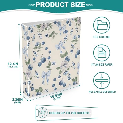 Image of Blueberry Blue Bow 3 Ring Binder with 2 Interior Pockets 1.5 inch Binders 3 Ring Heavy Duty Fit 8.5 inch x 11 inch Letter Size for Office School, 2 Pack