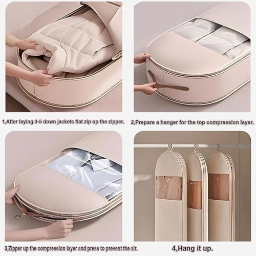 Space Saving Hanging Garment Bag with Self Compression Zipper, Space Saver Closet Organizers, Travel Bags with Hanger, Dust Cover Clothes Bags for Down Coat (1, Large),B4