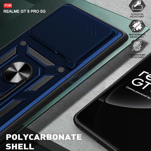 Image of AESTMO Tough Armor Realme GT 8 Pro 5G Bumper Back Case Cover | Ring Holder & Sliding Camera Shield Cover | 360 Degree Protection Back Case Cover for Realme GT 8 Pro 5G (Blue)