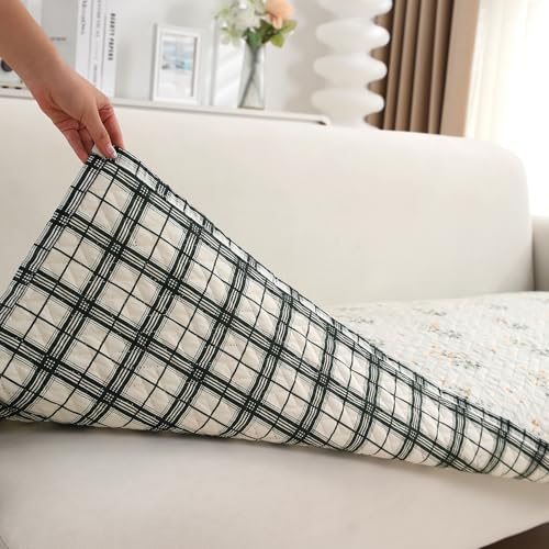 Image of HOKIPO 'HomeHues Series' Printed Quilted Sofa Seat Mat for 1 Seater Sofa with 2 Armrest Covers with Pockets, Light Green Ash Gypsy Flower (IN-806-D5 + IN-814-D5*2)