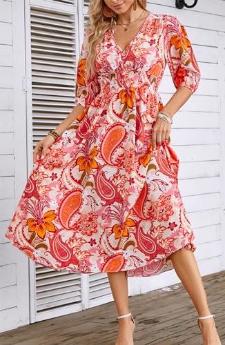 Image of Kormei Women Casual Boho V Neck 3 /4 Sleeve Smocked Waist A Line Swing Midi Long Dress S Orange Pink