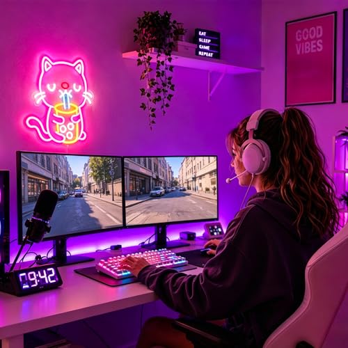 Image of Neon Sign, Cat Neon Signs for Wall Decor LED Signs Neon Light | Cat Neon Sign, Cat Boba Tea Led Sign for Bedroom, Kids Room, Business, Cafe, Party, Bar, Home Decor, Gift, USB Powered