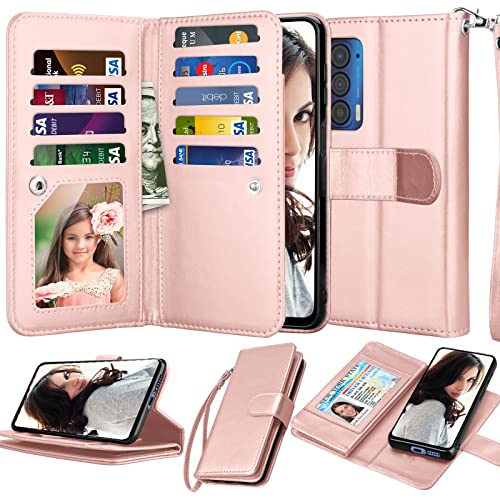 NJJEX for Moto Edge 2021 Case, for Motorola Moto Edge 5G UW Wallet Case, [9 Card Slots] PU Leather ID Credit Holder Folio Flip [Detachable] Kickstand Magnetic Phone Cover & Lanyard [Rose Gold]