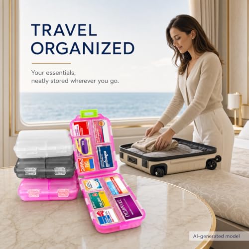 Image of 3 Pack Large Pill Organizers with Medicine Labels, Pink White Grey | Set of 3 large pill cases with 3x161 medicine labels for 7-day planning, family use, travel, and separate routines