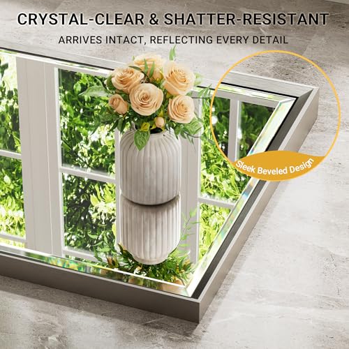 Queenfun 40 X 30 Brushed Nickel Bathroom Mirror, Beveled Framed Bathroom Mirror Brushed Nickel, Shatterproof Brushed Nickel Frame Rectangle Mirror, Anti-Rust Vertical/Horizontal Wall-Mounted Mirrors thumb #2