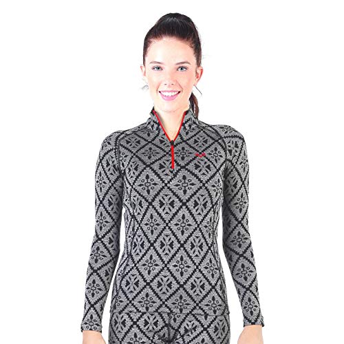 Womens Base Layer -%100 Merino Wool Half Zip Thermal Sweater, Black Gray Pattern - Large