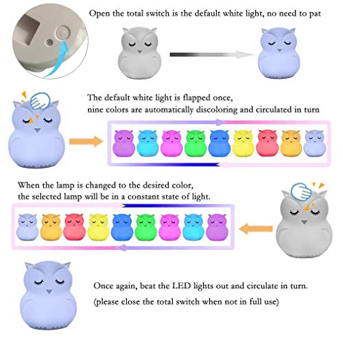 Image of Owl Night Light for Kids, Rechargeable LED Bedside Lamp for Children, 9 Changing Color Silicone Nursery Lamp for Breastfeeding, Eyes Caring, Tap Adjustable Brightness & Colors