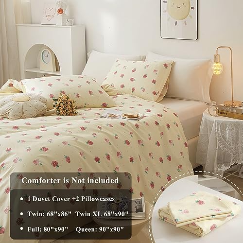 Image of VM VOUGEMARKET Cute Strawberry Duvet Cover Full 3 Pieces Fruit Bedding Set Cream White Cotton Quilt Cover with Zipper for Girls Women 80x90 Inch