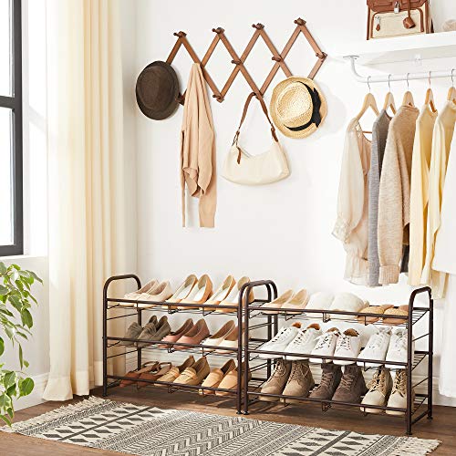 Image of SONGMICS Shoe Rack, 3 Tier Shoe Organizer for Closet, Holds up to 12 Pairs of Shoes, Shoe Rack for Front Door Entrance, Metal Shoe Shelf with Adjustable Tilt Angle, for Entryway, Garage, Bronze