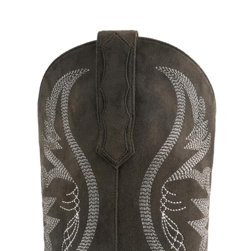 Image of KaroNairy Women Cowboy Boots Faux Suede Embroidered Pointed Thick Heeled Western Wide Calf Cowgirl Ponited Toe Mid Calf Boots