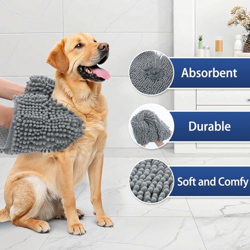 Image of OLANLY Chenille Dog Bath Towel 38x15, Ultra Absorbent Quick Dry Pet Towel, Extra Soft Washable Plush Towel for Large Dogs & Puppies, Indoor Outdoor Use, Grey