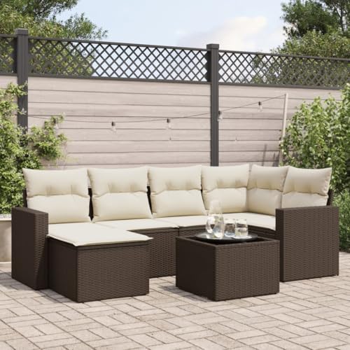 Mokuyary Juego de 7 sofás de jardín con cojines marrón de poliratán, muebles de balcón, sofá de jardín, fácil de limpiar, para terraza, balcón, marrón y crema, con mesa