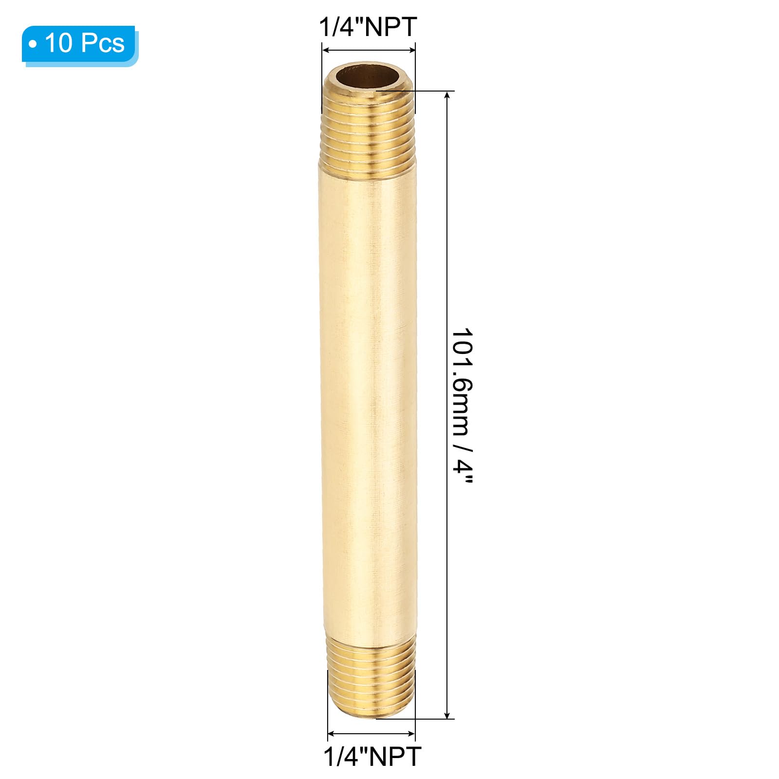 PATIKIL Raccordo Maschio In Ottone Filettato NPT 1/4" x 1/4" Lungo, 10Pezzi Tubo Raddrizzatore Dritto Da 4" Per Collegamento Di Sistemi A Carburante, Aria, Acqua, Olio, Gas, 1200PSI