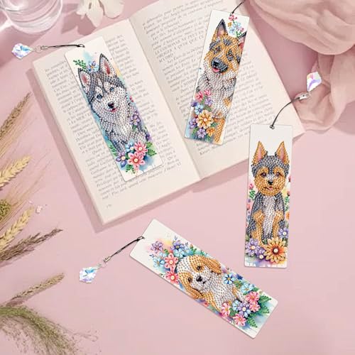 Image of 4 Pieces Diamond Art Painting Bookmarks for Adults 5D Floral Rhinestone Bookmarks Animal Dog Art Bookmarks DIY Diamond Painting Bookmarks with Tassels Crafts Supplies