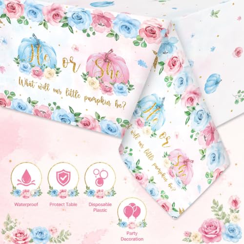 Image of Ganeen 3 Pcs Fall Pumpkin Gender Reveal Tablecloth Plastic, 54 x 108 Inch