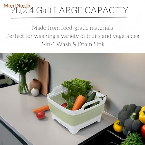 Image of 9L Collapsible Dishpan With Drain Plug - Portable Sink Basin for Kitchen, Camping, Laundry - Foldable Washing Tub, Green