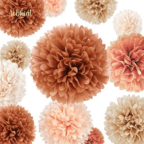 Image of AOBKIAT Fall Wedding Baby Shower Decorations Boho Style,15PCS | for Birthday Hanging Backdrop,Retro Bridal Shower,Halloween,Thanksgiving,with Brown Orange Peach Paper Pom Poms,Party Garland