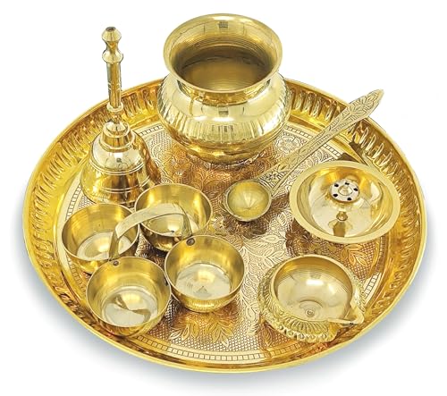 Image of BENGALEN Brass Pooja Thali Set 8 Inch Puja Thali with Pital Plate Kalash Haldi Kumkum Holder Agarbatti Stand Kuber Diya Ghanti Palli Arti Thali for Diwali Home Office Mandir Wedding Return Gift Items