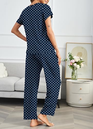 Image of Ekouaer Pajama Sets for Women Round Neck Pjs Short Sleeve Sleepwear with Long Pants Loose Lounge Sets