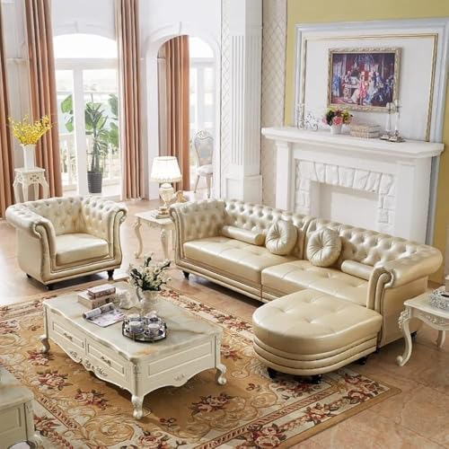Image of Classic 3+1= 4 Seater with Footrest Seater Sofa Set Luxury Chesterfield Modern Fahionalable Sleeper Sofa for Living Room, Dining Room, (CHANPEGNE)