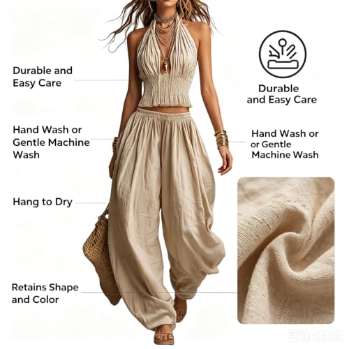 Conjunto bohemio de dos piezas de lino sin mangas para playa y ropa de mujer 6