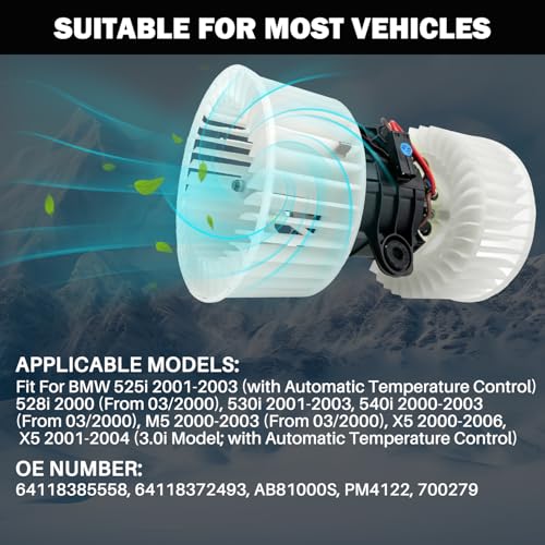 Image of 700279 AC Heater Blower Motor Fan Assembly Fit for BMW 525i 2001-2003 ，528i 2000 530i 2001-2003， 540i 2000-2003 ，m5 2001-2003，x5 2001-2006 64118385558, BM3126104