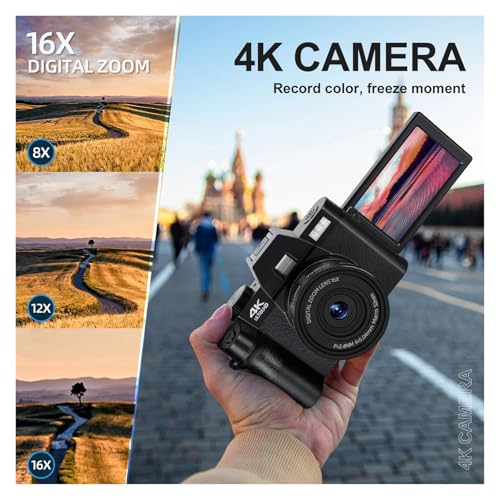 كاميرا رقمية بعدسة ماكرو بدقة 4K وشاشة قابلة للطي لالتقاط صور السيلفي بدقة 48 ميجابكسل وواي فاي ومسجل فيديو كلاسيكي وتقريب رقمي 16X