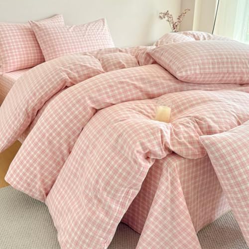 Image of PinkMemory Pink Gingham Plaid Duvet Cover Set King 100% Washed Cotton Cute Pink Checked Bedding Duvet Cover Set for Girls with Pillowcases-Ultra Soft Breathable Zipper Closure Corner Ties