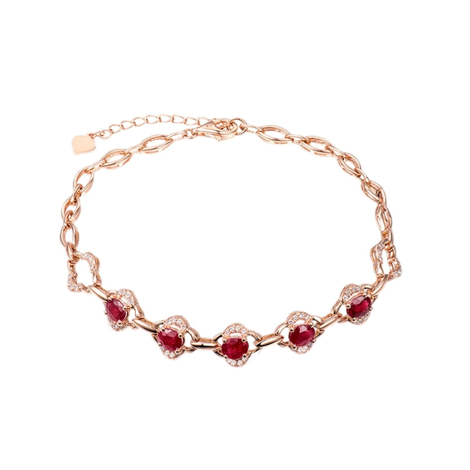 Kette Armband Roségold 9 Karat / 14 Karat / 18 Karat für Damen, Hohlblume und Oval mit Erstellter Rubin 1,26 Karat und Diamant, 16 CM + 5 CM Verlängerung, Rosegold Armband Damen