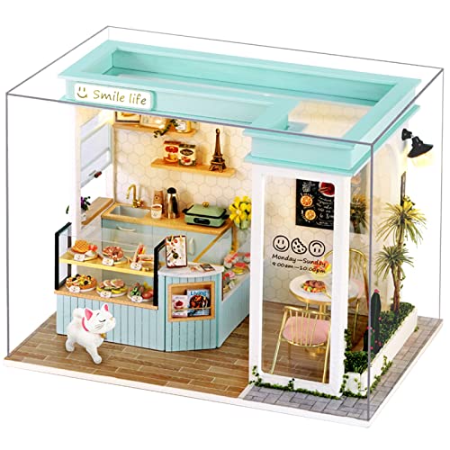 Genérico Muebles De Casa De Muñecas En Miniatura, Kit De Casa De Muñecas De Bricolaje, Mini Modelo De Té De Leche, Cubierta De Polvo Y Luces Led, Casita De Madera Miniatura