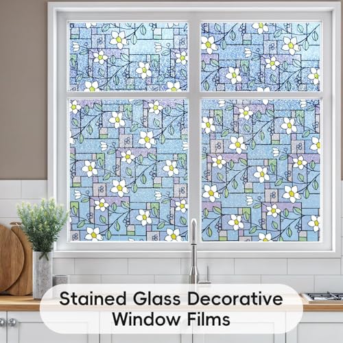 Image of WOO Home Frosted Glass Window Film & Stickers (24 X 96 INCH) Privacy Window Cover for Home & Office - Easy Apply, UV Protection, Removable Decorative Film (Blue Leaves Design Film | 2 X 8 SQFT)