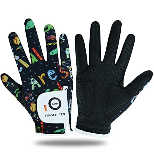 FINGER TEN Golf Gloves Kids Youth All Weather Soft for Left Right Hand Rain Grip Breathable Value 2 Pack