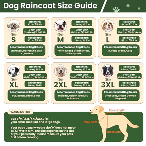 Image of BRKURLEG Dog Raincoat, Waterproof Rain Jacket with Hood, Green, XXL | Adjustable Windproof Rainproof Jacket with Leash Hole, Reflective Breathable Rain Coat Poncho, for Small to Large Dogs