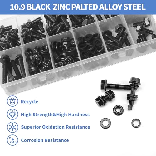 Image of 128Pcs M8 Black Flange Hex Head Bolts Assortment Kit with Serrated Flange Nuts,Washers & Lock Spring Washers,M8-1.25x12 /16 /20 /25 /30 /35 /40mm Hex Head Screw,Carbon Steel Full Thread DIN 6921