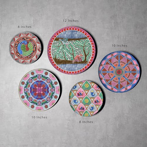 Image of Modern Folk Madhubani Wall Plates - Set of 5 Handcrafted Metal Wall Decor Inspired by Indian Folk Art | Decorative Wall Plates for Living Room, Bedroom & Office