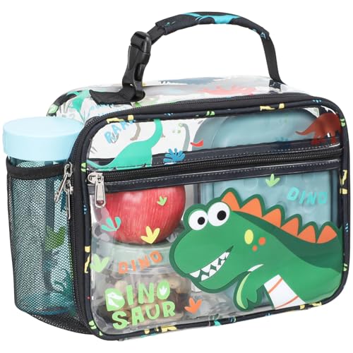 Bagseri Clear Kids Lunch Bags - Girls Lunch Box for School Reusable Snack Bag with Water Bottle Holder Stadium Approved Clear Bag, Black Cute Dinosaur