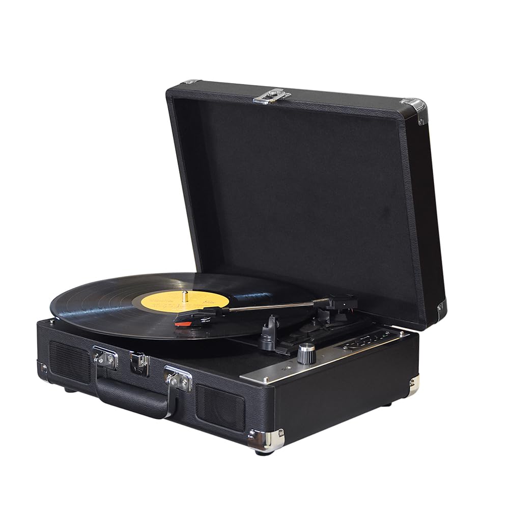 SEAFRONT Registratore di Dischi Vintage, BT, Registrazione USB con Fonografo 33/45/78 Giri/min Supporto per 7/10/12 Pollici, Dischi Giradischi, Lettore Portatile con Altoparlanti, 3,5, (BLACK)