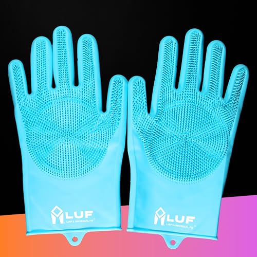 Image of LUF Dishwashing Hand Gloves for Kitchen, 100% BPA Free Silicone Gloves for Washing Utensils, Dog Cleaning & Pet Bathing, Cooking | Waterproof - Heat Resistant - Long Scrubber - Reusable - 1 Pair