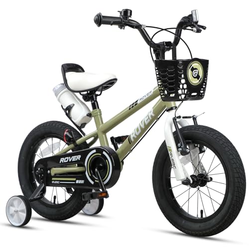 Glerc Rover Bicicleta Infantil 14 Pulgadas para Niños Niñas de 3 4 5 Años, Bicicletas con Botella de Agua & Ruedines & Cesta, Verde Militar