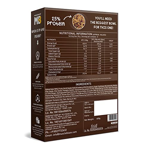 Image of MuscleBlaze High Protein Muesli 1.4 kg, Dark Chocolate & Cranberry, 18 g Protein, with Superseeds, Raisins & Almond, Protein Breakfast Cereals (Combo Pack)