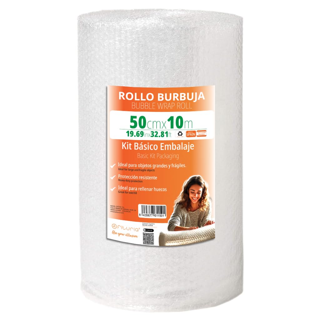 Rollo Burbujas Embalaje, Papel de Burbujas para Embalar, Plástico de Burbujas para Mudanzas, Embalajes y Cajas. Medida 50 cm x 10 m de longitud - Ofituria
