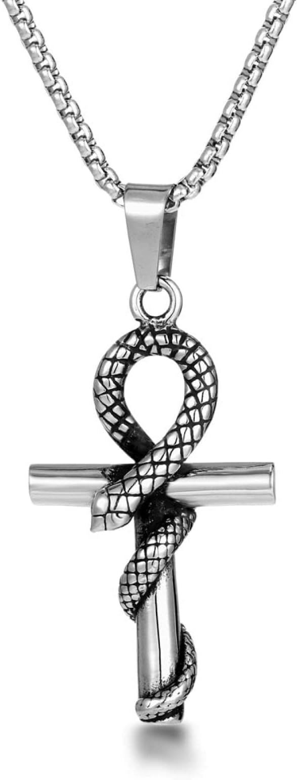 Stainless Steel Egyptian Ankh Crux Ansata Cross Pendant Necklace For Men Snake Box Chain Christian Jewelry 60Cm