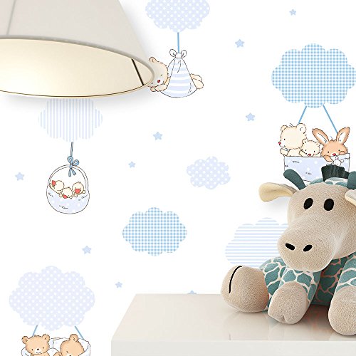 NEWROOM papel pintado infantil Azul Petit Ours Conejos Niños Papel Blanco Lindo Nubes | nino | cuarto del Bebé