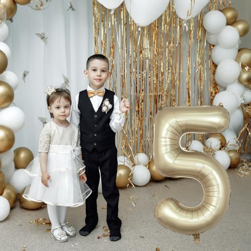 Image of Metallic Gold 5 Balloons, 40 Inch Giant Light Gold Mylar Foil Number 0-9 Helium Balloon for Girls Boys, Self Inflating Champagne 5th Birthday Balloon for Women Anniversary Party Decorations Supplies
