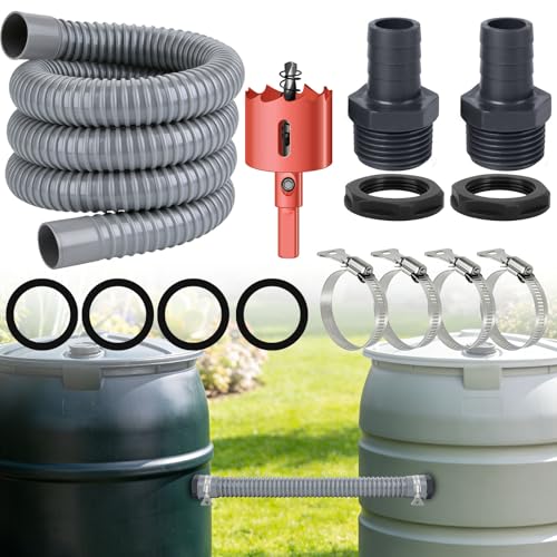Regentonnen Verbindungsset Regentonnen Anschluss Set Regentonnenverbinder 32mm mit Schlauch 70cm 4 Rohrschellen Edelstahl und 32mm Lochöffner Regenfass Verbinder für Regenwasser Tonnen Wassertanks