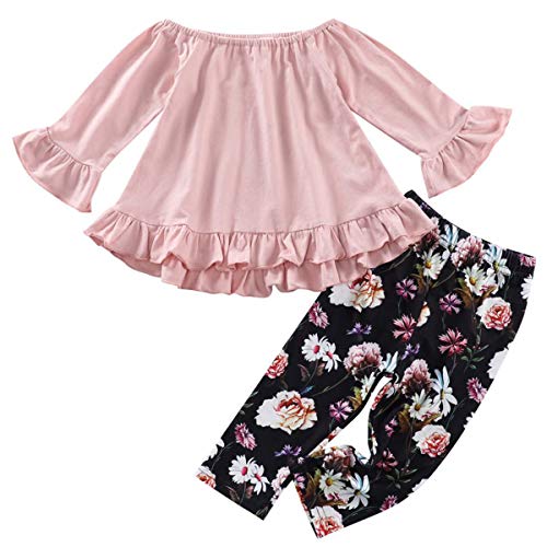 Toddler Little Baby Girls Outfits Ruffled Flare Tunic Top and Floral Leggings Pants Clothes Set (Pink, 2-3 T)
