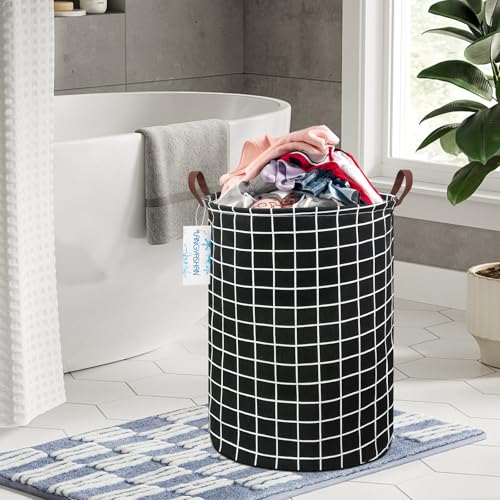 Image of Laundry Basket Canvas Fabric Collapsible Organizer Basket for Storage Bin Toy Bins Gift Baskets Bedroom Clothes Children Nursery Hamper (Black Grid)